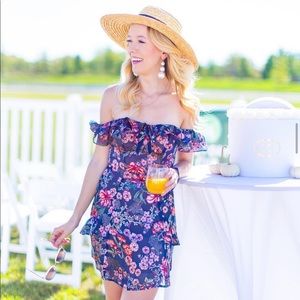 For Love & Lemons Floral Navy Ruffle Dress